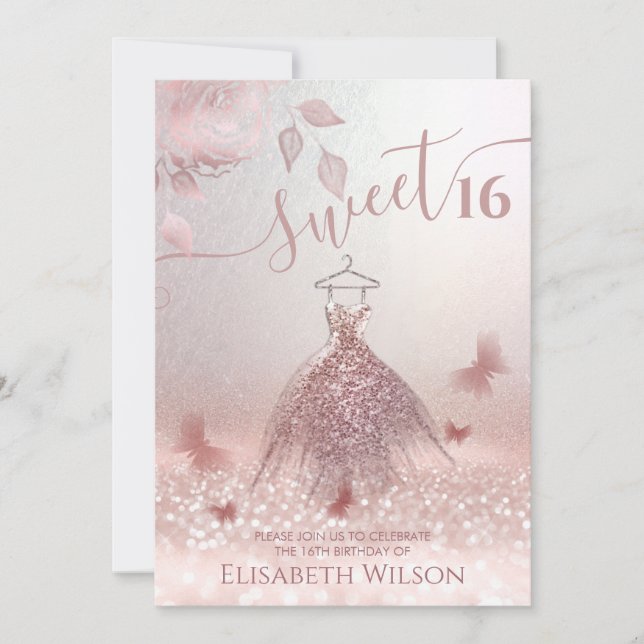 Romantic Rose gold glitter ombre dress butterfly   Invitation (Front)
