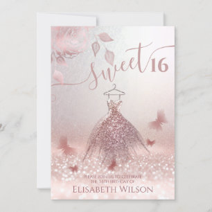 Romantic Rose gold glitter ombre dress butterfly Invitation