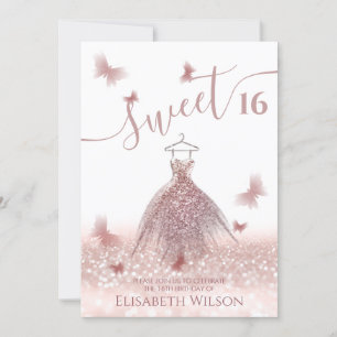 Romantic Rose gold glitter ombre dress butterfly Invitation