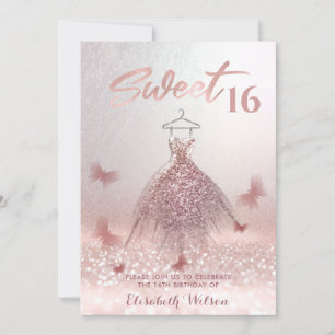 Romantic Rose gold glittery dress butterfly Invita Invitation