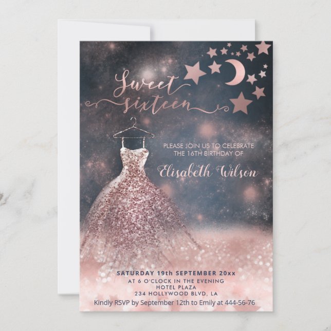 Romantic Rose gold glittery dress celestial Invitation (Front)