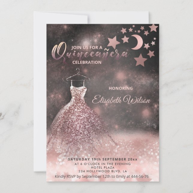 Romantic Rose gold glittery dress celestial Invitation (Front)