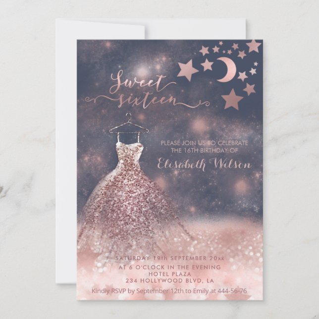 Romantic Rose gold glittery dress celestial  Invitation (Front)