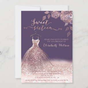 Romantic Rose gold glittery dress roses Invitatio Invitation