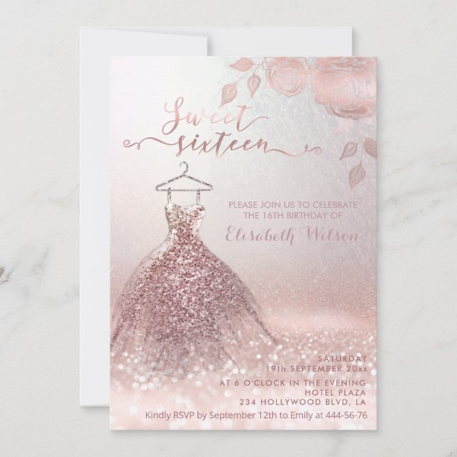 Romantic Rose gold glittery dress roses  Invitatio Invitation (Front)