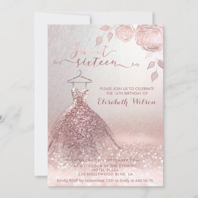Romantic Rose gold glittery dress roses   Invitation (Front)