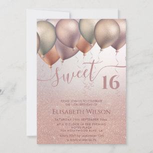 Romantic Rose gold glittery ombre balloon Invitation