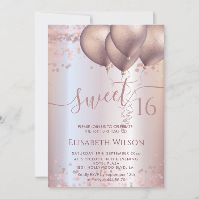Romantic Rose gold glittery ombre balloon photo  I Invitation (Front)
