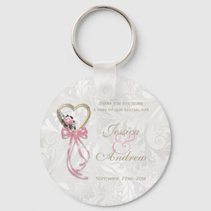 Romantic Rose, Gold Heart & Pink Ribbon Key Ring