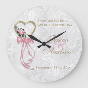 Romantic Rose, Gold Heart & Pink Ribbon Large Clock