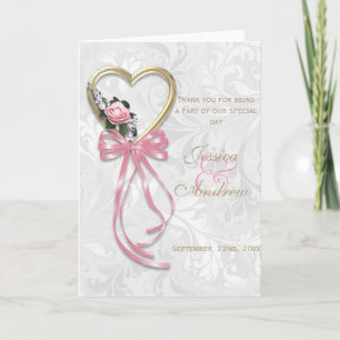 Romantic Rose, Gold Heart & Pink Ribbon Thank You Card