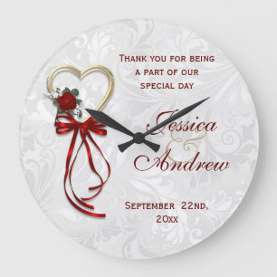 Romantic Rose, Gold Heart & Red Ribbon Large Clock