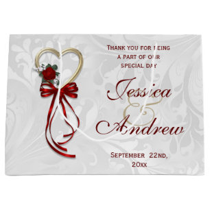 Romantic Rose, Gold Heart & Red Ribbon Large Gift Bag
