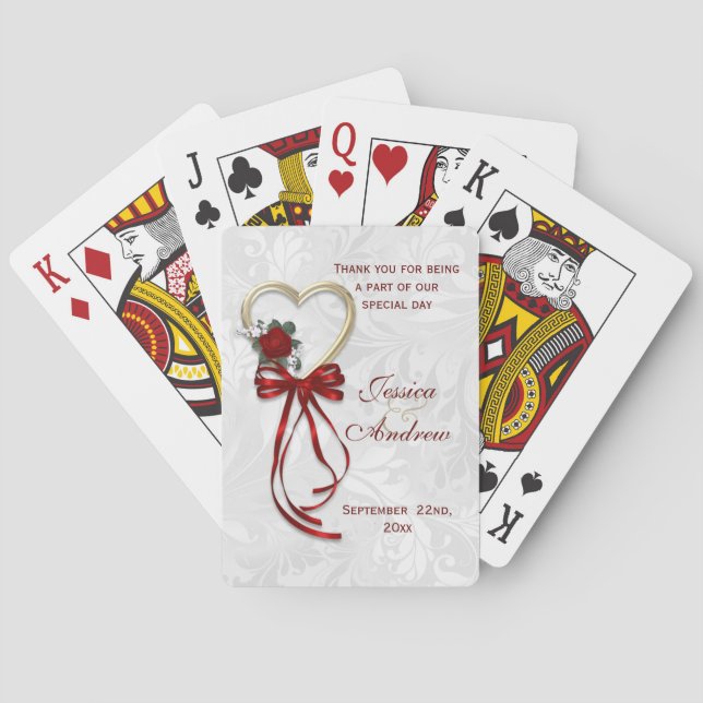 Romantic Rose, Gold Heart & Red Ribbon Playing Cards (Back)