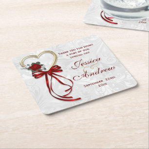 Romantic Rose, Gold Heart & Red Ribbon Square Paper Coaster
