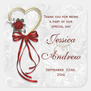 Romantic Rose, Gold Heart & Red Ribbon Square Sticker