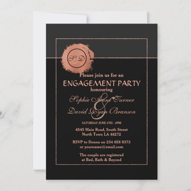 Romantic Rose Gold Monogram Wedding Engagement Invitation (Front)