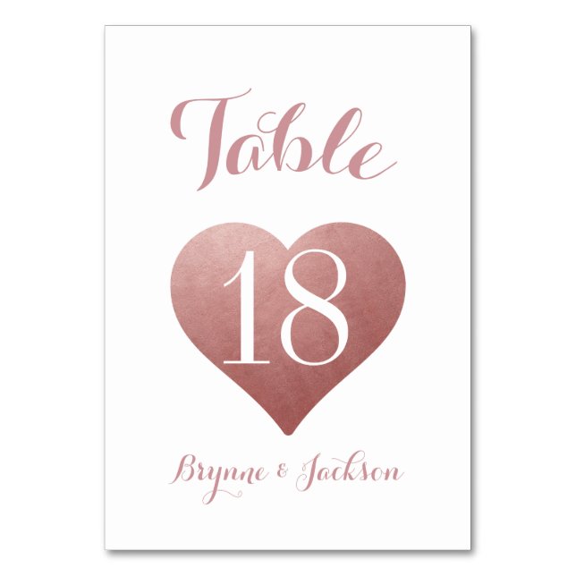 Romantic Rose Gold Pink Heart Wedding Table Number (Front)
