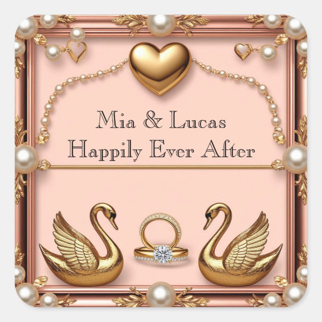 Romantic Rose Gold Swan Wedding Layout Square Sticker (Front)