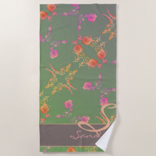 Romantic Rose Hearts & Plum Moss Monogram   Beach Towel