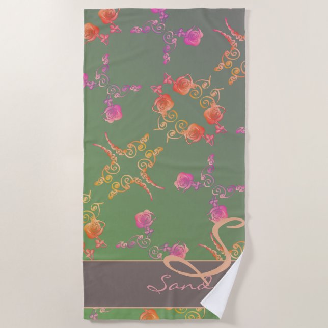 Romantic Rose Hearts & Plum Moss Monogram   Beach Towel (Front)