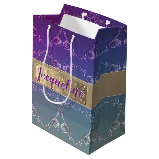 Romantic Rose Hearts w/Name Gradient Purple Medium Gift Bag (Back Angled)