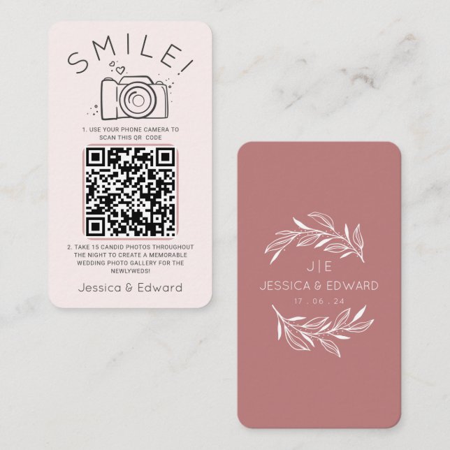 Romantic Rose Memorable Photos Qr Code wedding Place Card (Front/Back)