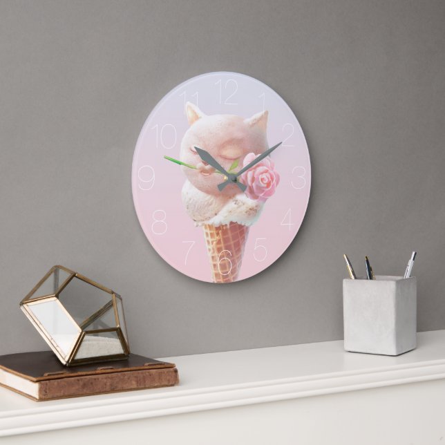 Romantic Rose: Miss Meow Pink Ice Cream Cone Art Large Clock (Office)