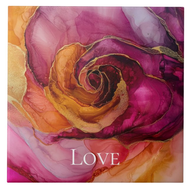 Romantic Rose Peach Red Pink Gold Floral Love Tile (Front)
