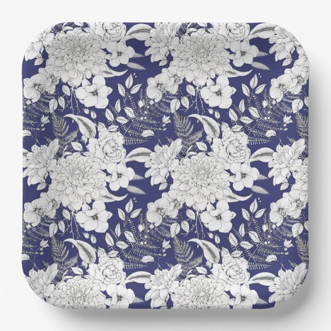 Romantic rose peony eucalyptus line drawing purple paper plate (Front)