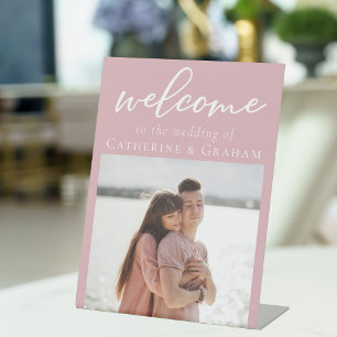 Romantic Rose Pink Couple Photo Wedding Welcome Pedestal Sign