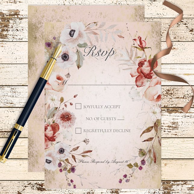 Romantic Rose Pink Gold Floral Response Card (Creator Uploaded)