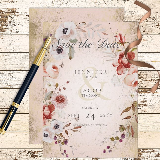 Romantic Rose Pink Gold Floral Save the Date Card (Creator Uploaded)