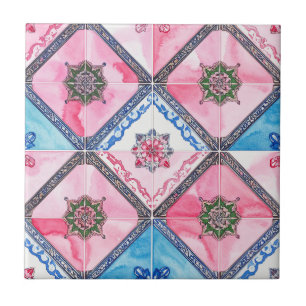 Romantic Rose Pink with Blue Floral Details Tile