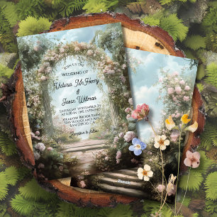 Romantic rose stone archway storybook wedding invitation