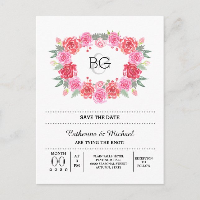 Romantic rose watercolor wreath announcement postcard (Front)