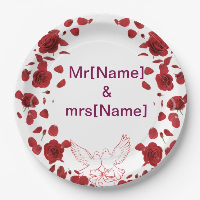 Romantic Rose Wedding Paper Plate with Custom Name (Front)