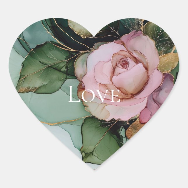 Romantic Rose White Pink Gold Floral Love Heart Sticker (Front)