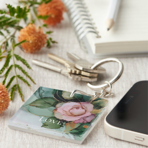 Romantic Rose White Pink Gold Floral Love Key Ring
