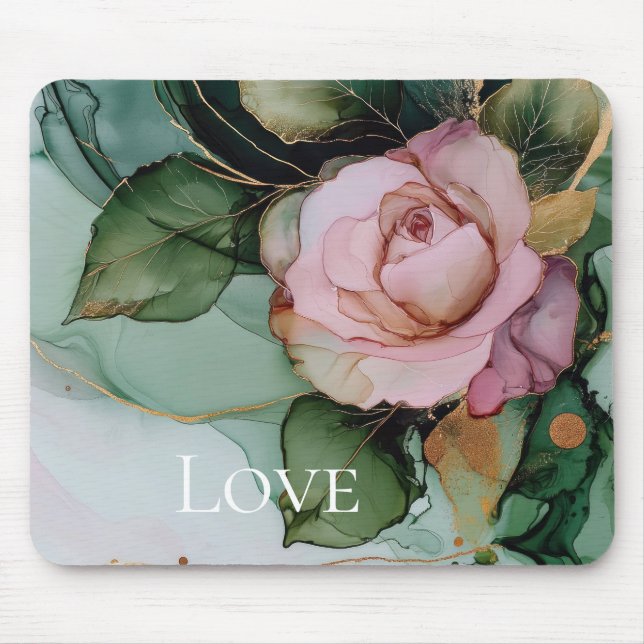 Romantic Rose White Pink Gold Floral Love  Mouse Mat (Front)