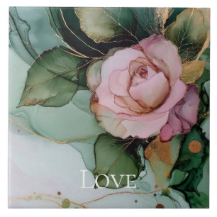 Romantic Rose White Pink Gold Floral Love Tile