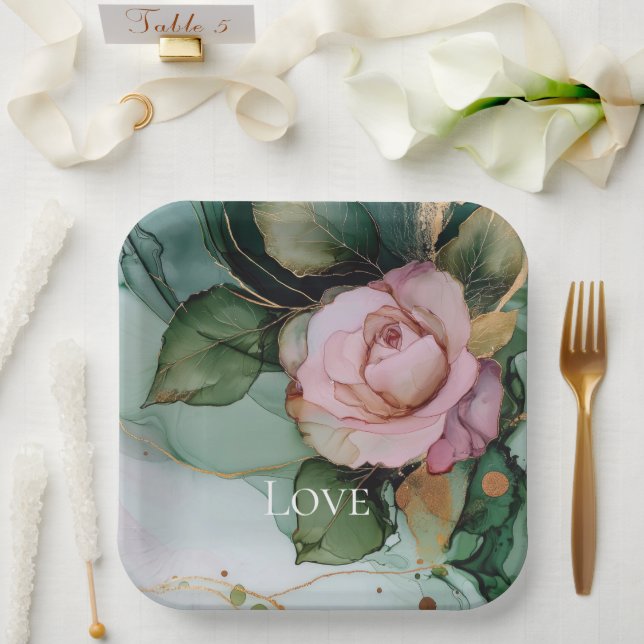 Romantic Rose White Pink Gold Floral Love Wedding Paper Plate (Wedding)