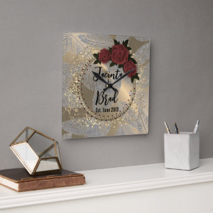 Romantic Rose Wreath Feather Wedding    Square Wall Clock