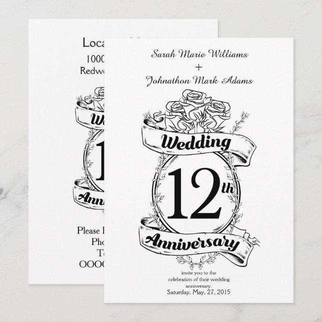 Romantic Roses 12TH twelfth wedding anniversary Invitation (Front/Back)