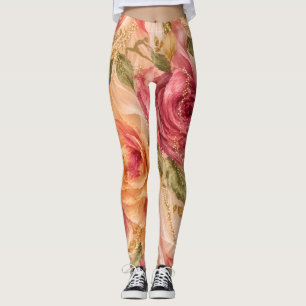 Romantic Roses and Golden Sparkle Floral Pattern Leggings