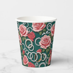 Romantic Roses And Sparkling Diamond Wedding Rings Paper Cups
