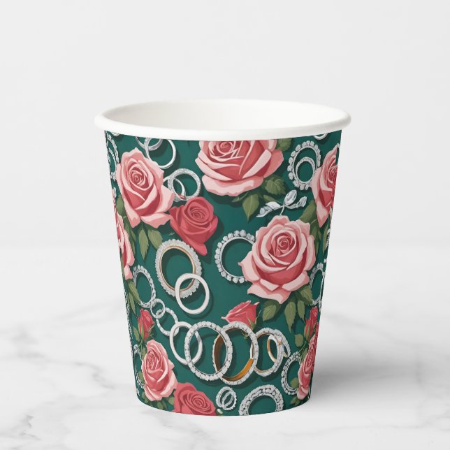 Romantic Roses And Sparkling Diamond Wedding Rings Paper Cups (Front)