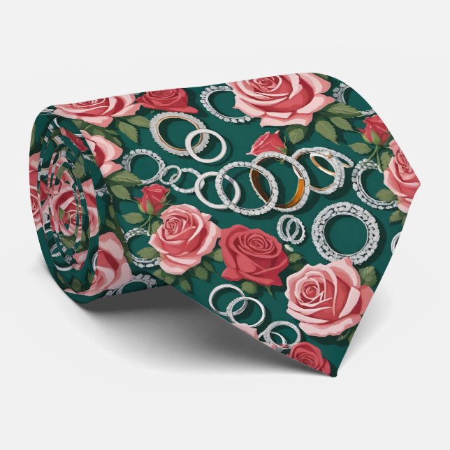 Romantic Roses And Sparkling Diamond Wedding Rings Tie (Rolled)