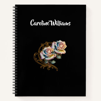 Romantic roses and swirls with editable name notebook