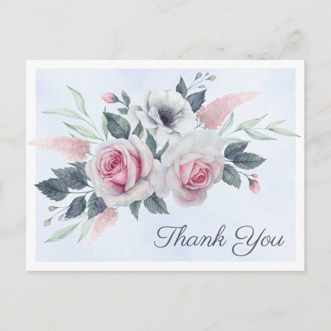 Romantic Roses  Blue Watercolor Thank You Postcard (Front)